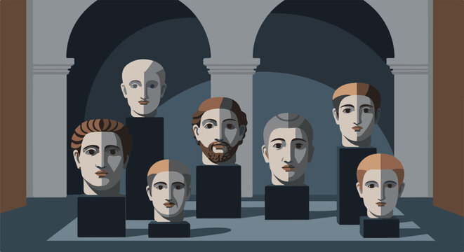 Pixel art display of diverse classical busts in a dimly lit gallery