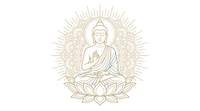 Elegant minimalist Buddha line art illustration sitting in meditation on a lotus flower, surrounded by a sacred mandala halo. Clean vector design with smooth lines and balanced symmetry