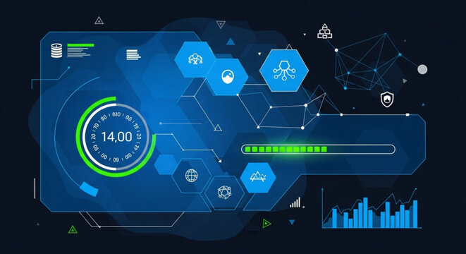 A futuristic blue and green vector graphic illustrating a digital dashboard with various icons and graphs