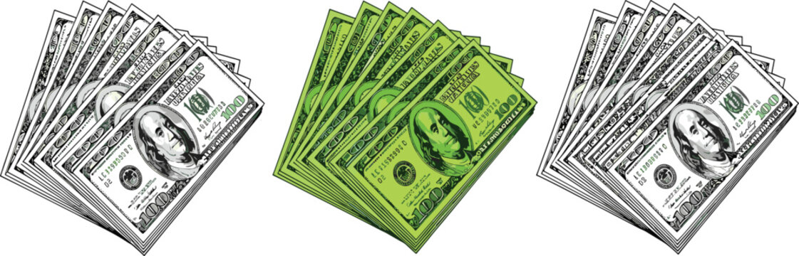 Vector Illustration of Three Fanned Out Hundred Dollar Bill Stacks in Green and Grayscale Style Isolated on White Background for Finance