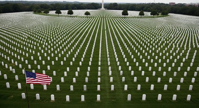 Solemn memorial day remembrance aerial view of arlington national cemetery with american flags honoring fallen heroes