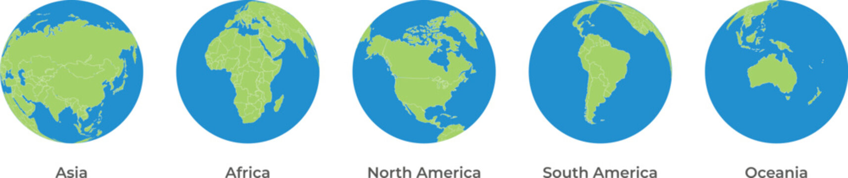 World Map Continents Set Vector, Globe Icons with Asia Africa Europe North South America Oceania
