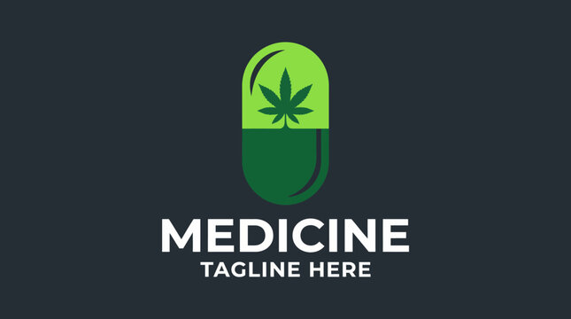 A sleek, modern logo featuring a cannabis leaf inside a pill design, promoting themes of alternative medicine, health, and innovative approaches in the medical field.