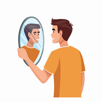 Young man looking into a handheld oval mirror silhouette with self esteem self reflection silhouette set black silhouette vector silhouette isolated on white silhouette collection icon set