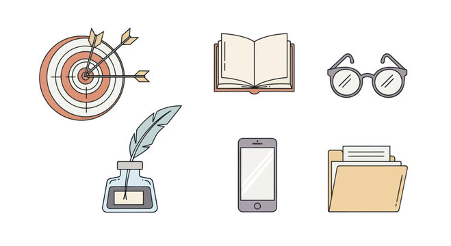 Set of Icons: Goal, Book, Glasses, Inkwell, Phone, Folder - Education, Business, Strategy