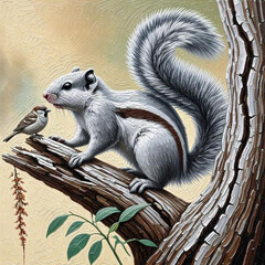 Fototapeta premium Squirrel and a sparrow on tree I Wall Decor 