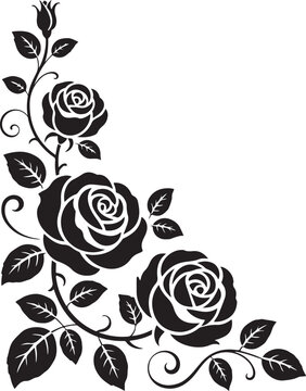 Elegant black rose corner motif with swirling vines and leaves, perfect for invitations or decorative borders.