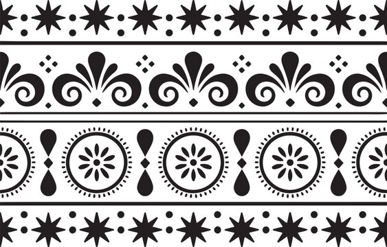 Mexican folk art style seamless border pattern with mandalas and geometric stars for traditional textile and embroidery projects.