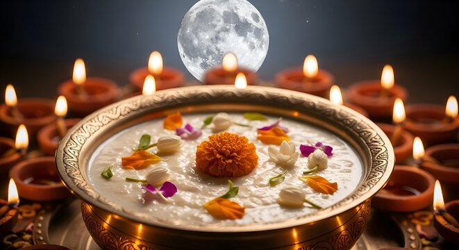 Diwali festival food offering: Kheer in brass bowl, illuminated by diyas under full moon