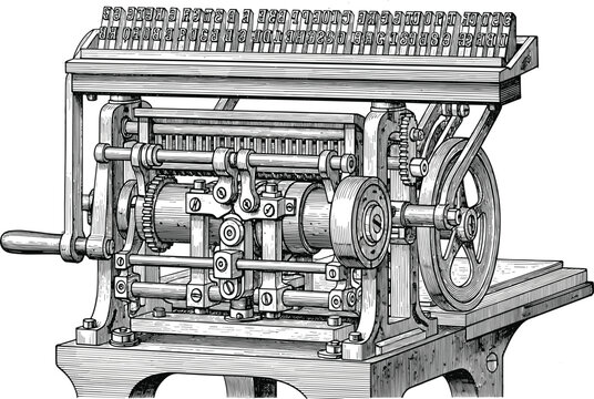 Vintage Typesetting Machine Illustration, Antique Printing Press Mechanical Engraving, Historical Industrial Equipment Sketch, Retro Linotype Technology For Book Publishing And Design
