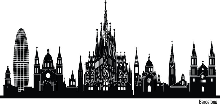 World landmarks collection with Barcelona city skyline St Peters Basilica Mexico City monuments and Asian temple silhouettes black vector illustration set