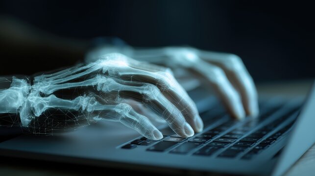 A digital X-ray-style image shows skeletal hands typing on a laptop keyboard against a dark background, Digital Twin Reality AI technology