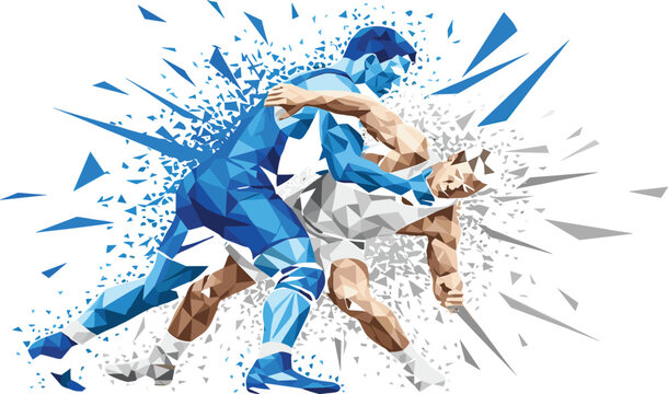 Wrestling athletes in dynamic low poly geometric art style, professional wrestlers grappling in intense competition, abstract sports illustration on white background.