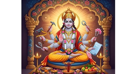 Obraz premium Lord Vishnu Meditating with Multiple Arms Holding Sacred Objects in Ornate Temple