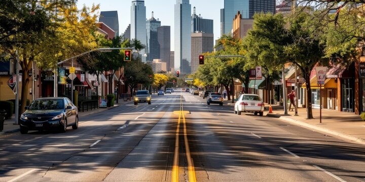Double yellow lines leading to dallas skyline on a sunny day