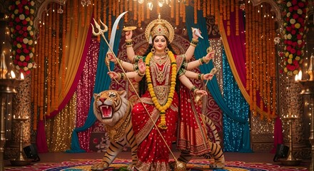 Fototapeta premium Goddess Durga with Tiger, Hindu Festival, Divine Feminine Power, Indian Culture