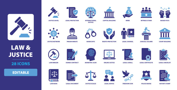 Law and Justice Solid Set of Icon featuring Justice Gavel, Court Building, Handcuffs, Legal Protection, Rights, and Law Book for Judicial and Legal System Themes.