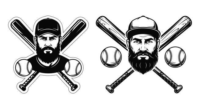 Vintage style baseball player portrait with crossed bats and balls in black and white ink illustration design