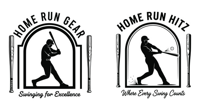 Vintage baseball emblem set featuring silhouettes of batters swinging with bats in a classic arched frame design
