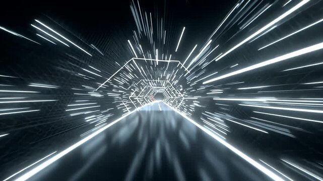 Sci-fi tunnel with bright white streak effect, hexagon pattern receding to center