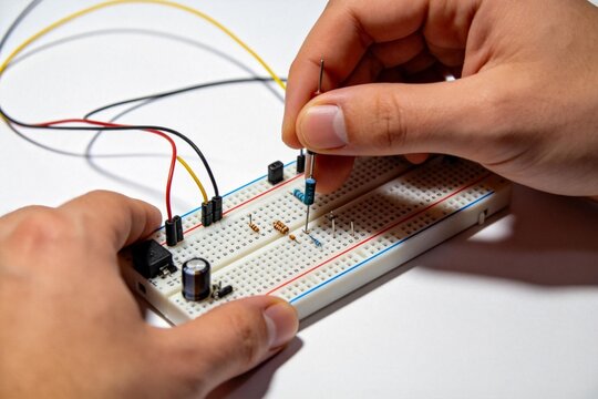 Hands assembling electronic components on breadboard
