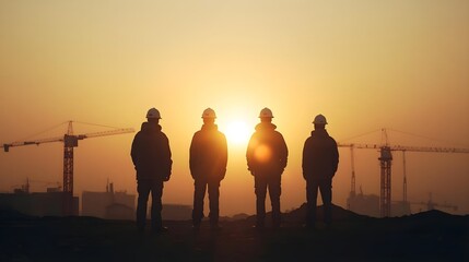 Fototapeta premium Silhouette of construction workers at sunset with cranes in the background, symbolizing teamwork and project completion