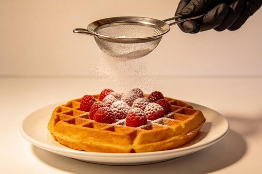 Waffle topped with raspberries and powdered sugar