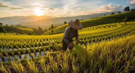 Fototapeta premium Asian farmer harvesting golden rice on beautiful terraced fields during sunset