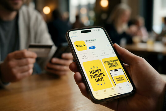 A person holding phone displaying Wero Wallet app on screen inside cafe.