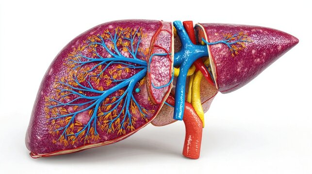 Human liver anatomy with blood vessels and bile ducts detailed medical illustration isolated on white background