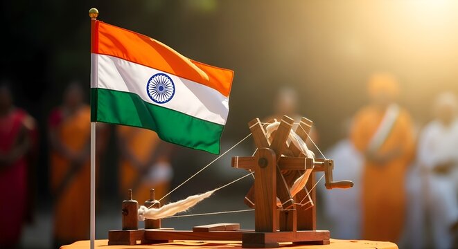 Indian Flag Waving Near Gandhi's Spinning Wheel, Symbol of Independence and Self-Reliance