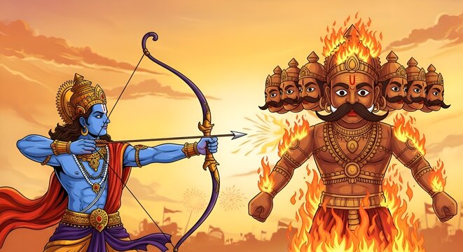 Lord Rama shooting arrow at burning demon Ravana during Dussehra festival
