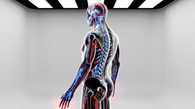 A detailed 3d render of the female human anatomy, precisely visualizing the blue nervous and red circulatory systems, set against a sterile white background.