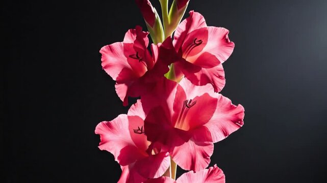 Elegant pink gladiolus flowers on black background, blooming gladiola blossoms in dramatic studio lighting, vibrant floral arrangement