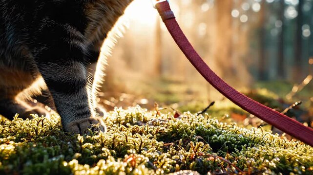 Tabby cat on a leash explores mossy forest at sunrise