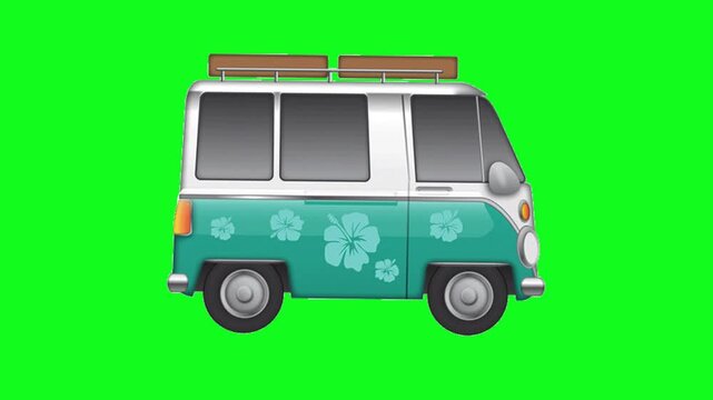 A vintage camper van, decorated with floral patterns and a roof rack, isolated on a vibrant green screen background. Perfect for travel, road trips, and retro lifestyle themes.