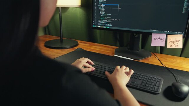 Female programmer coding AI agent on keyboard with programming script on monitor in home office
