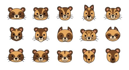 Fototapeta premium Collection of cartoon animal faces with various expressions on white background for design use
