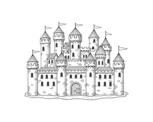 Fototapeta premium Detailed drawing of a medieval stone castle with flags, suitable for fantasy or historical themes