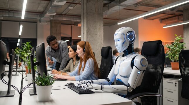 A modern office setting where human employees collaborate alongside an advanced humanoid robot, showcasing the evolving landscape of artificial intelligence and workforce synergy