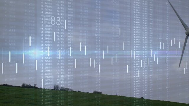 Wind driving turbine in frame, blades rotating as data overlay shifting over ridge showing power