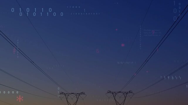 Twin pylons anchoring frame, binary digits appearing, resolving into code mapping energy grid