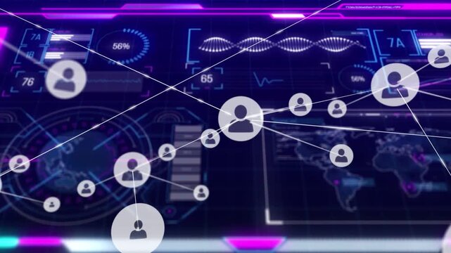 Vertical video: Central user icon spawning nodes across HUD, growing network for tech monitoring