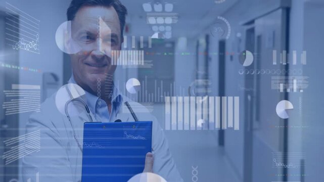 Camera pulling back doctor holding clipboard, animated charts overlapping and showing medical data
