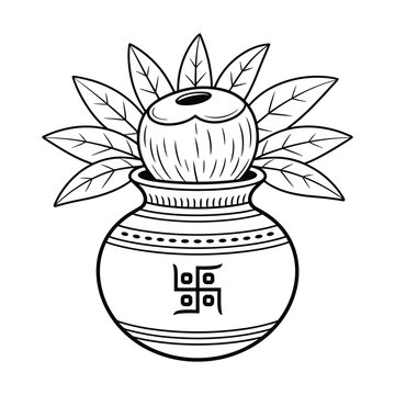 Traditional Indian Kalash symbol with coconut and auspicious swastika sign isolated on transparent background