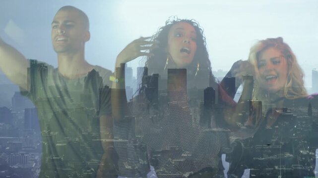 Music band singing, left singer raising arm and starting song, skyline overlay, vintage mic for ad