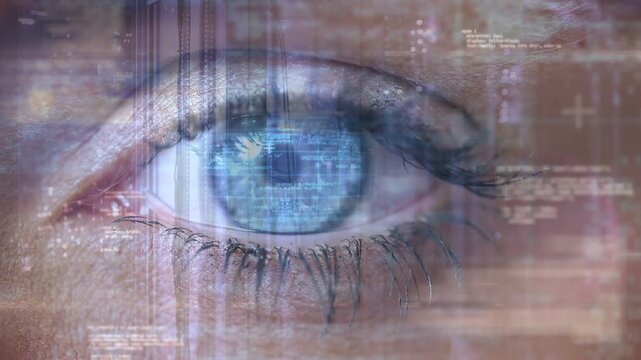 Code overlays initiating eyelid lifting, blue eye opening and performing HUD biometric scan