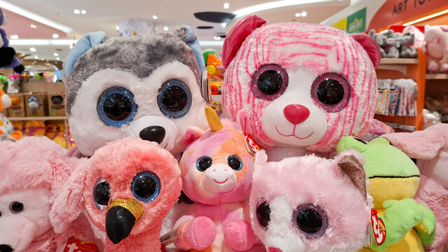Close up of various Ty Beanie Boos plush stuffed animal toys including husky dog and flamingo with large glittery eyes on May 2, 2026 in Bangkok, Thailand.
