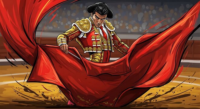 Matador performing bullfighting with red cape.