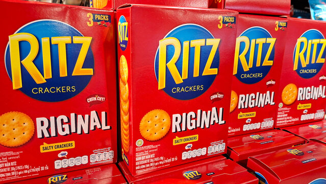 Rows of red Ritz Crackers boxes on a supermarket shelf on May 4, 2026 in Bangkok, Thailand.
